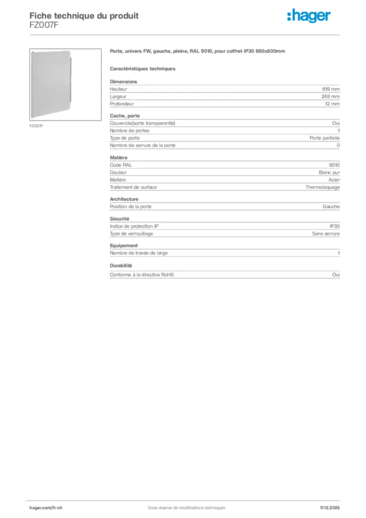 Image Hager Fiche technique du produit FZ007F | Hager Suisse