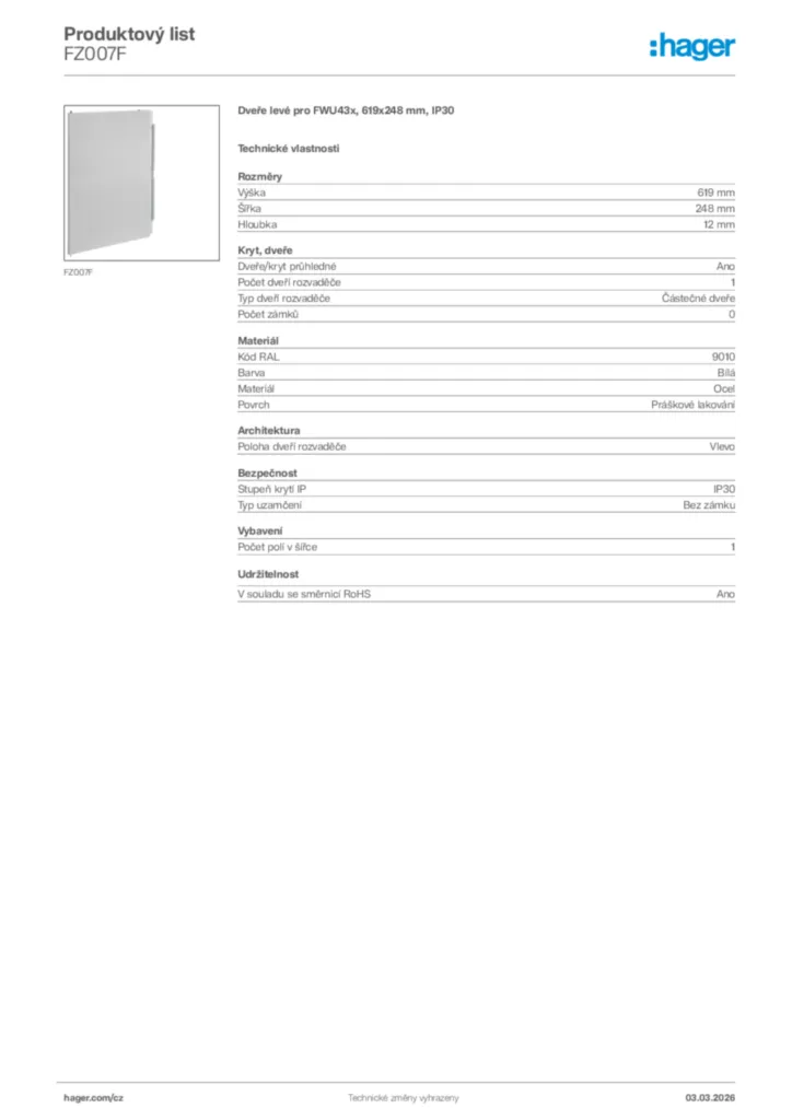 Obrázek Hager Product data sheet FZ007F | Hager