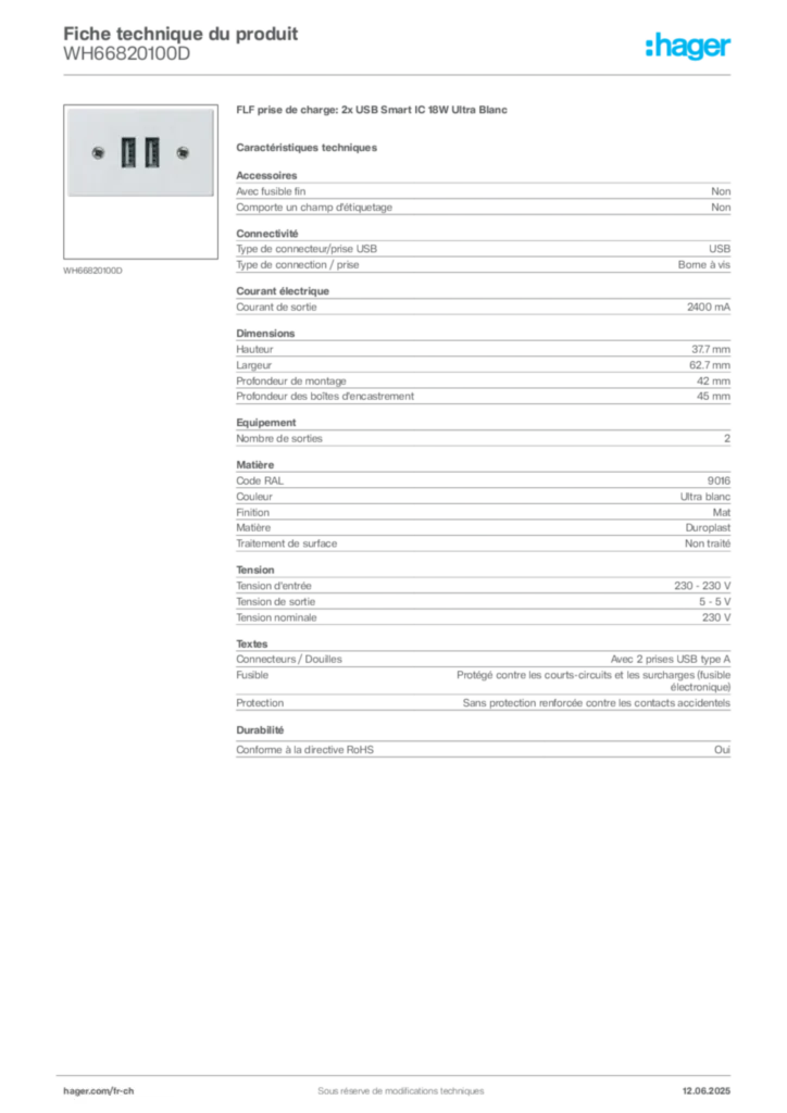 Image Hager Fiche technique du produit WH66820100D | Hager Suisse