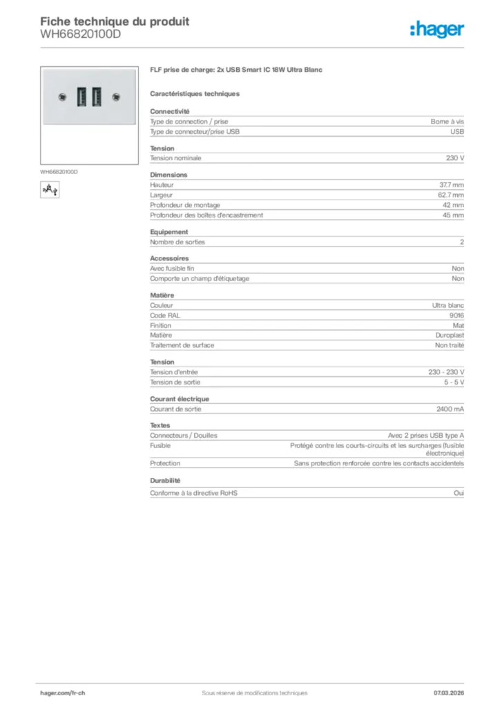 Image Hager Fiche technique du produit WH66820100D | Hager Suisse