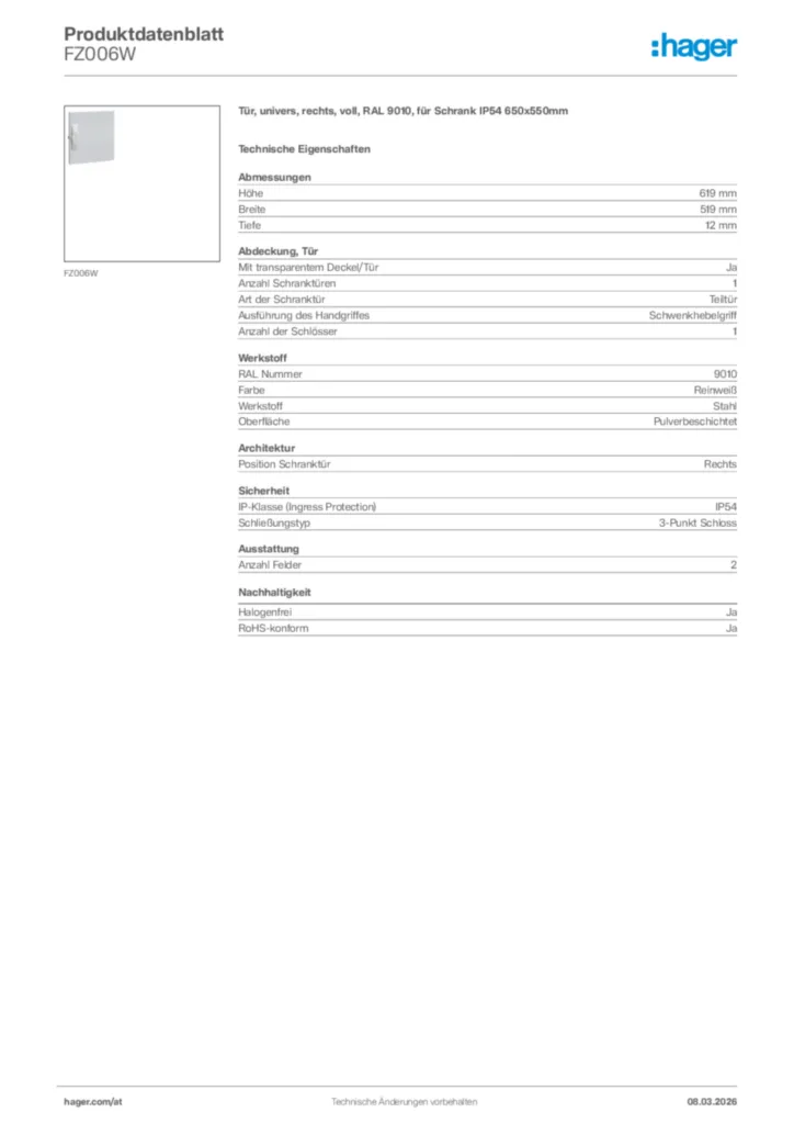Bild Hager Produktdatenblatt FZ006W | Hager Deutschland