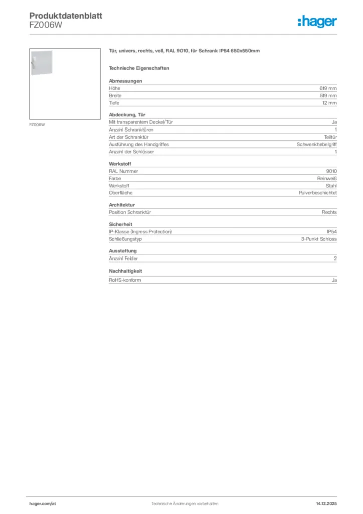 Bild Hager Produktdatenblatt FZ006W | Hager Deutschland