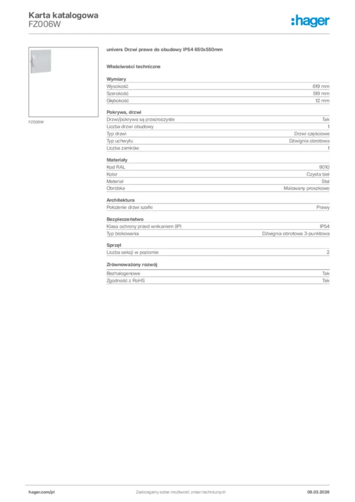 Zdjęcie Hager Karta katalogowa FZ006W | Hager Polska