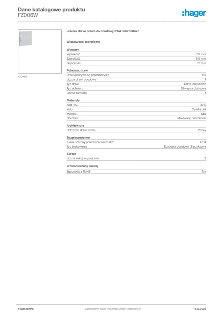 Zdjęcie Hager Karta katalogowa FZ006W | Hager Polska