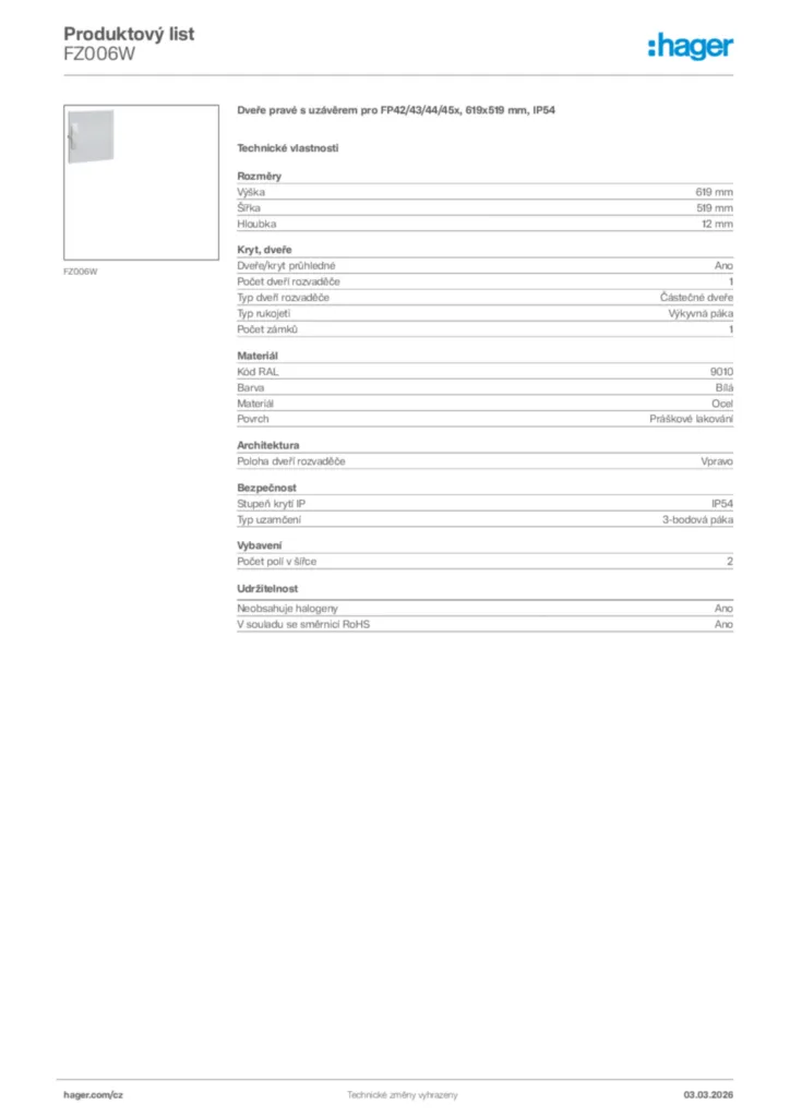 Obrázek Hager Product data sheet FZ006W | Hager