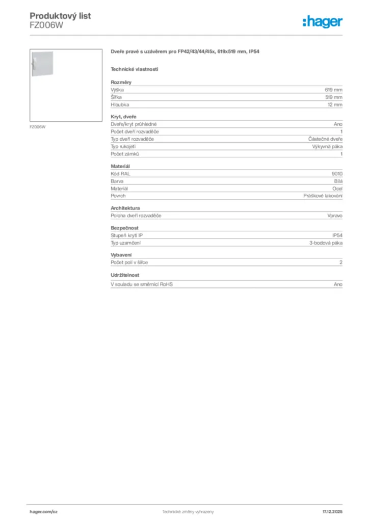 Obrázek Hager Produktový list FZ006W | Hager