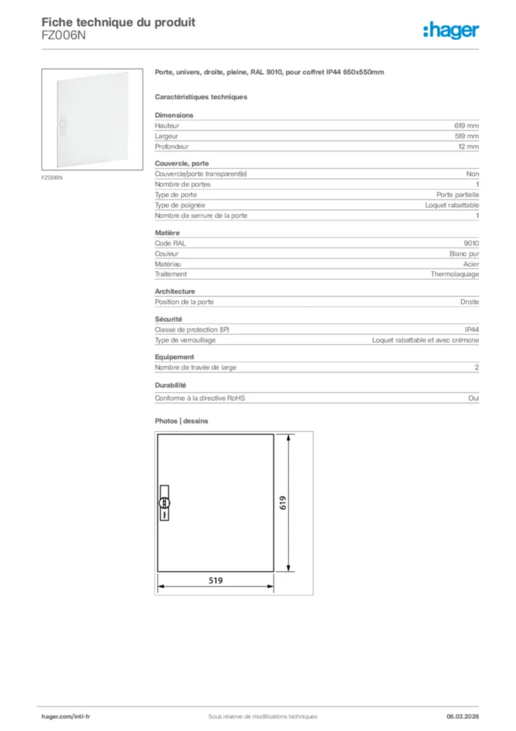 Image Hager Fiche technique du produit FZ006N | Hager Afrique