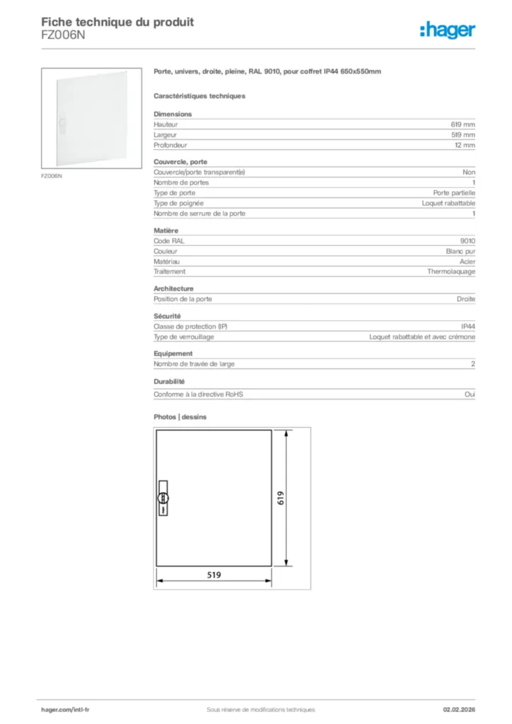 Image Hager Fiche technique du produit FZ006N | Hager Afrique
