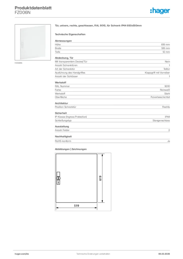 Bild Hager Produktdatenblatt FZ006N | Hager Deutschland