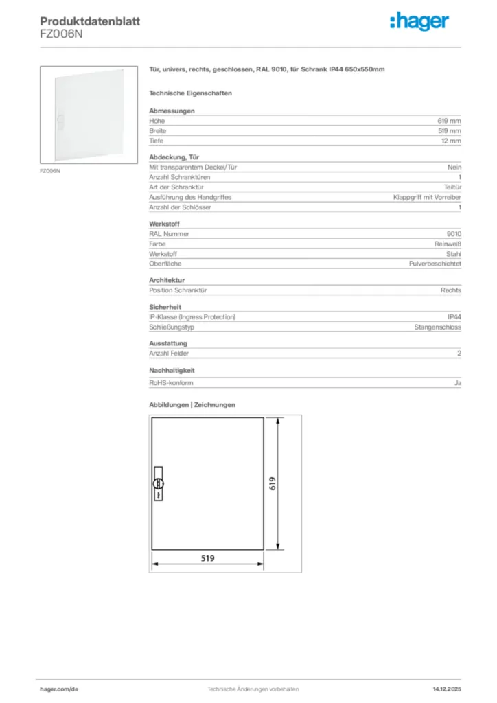 Bild Hager Produktdatenblatt FZ006N | Hager Deutschland