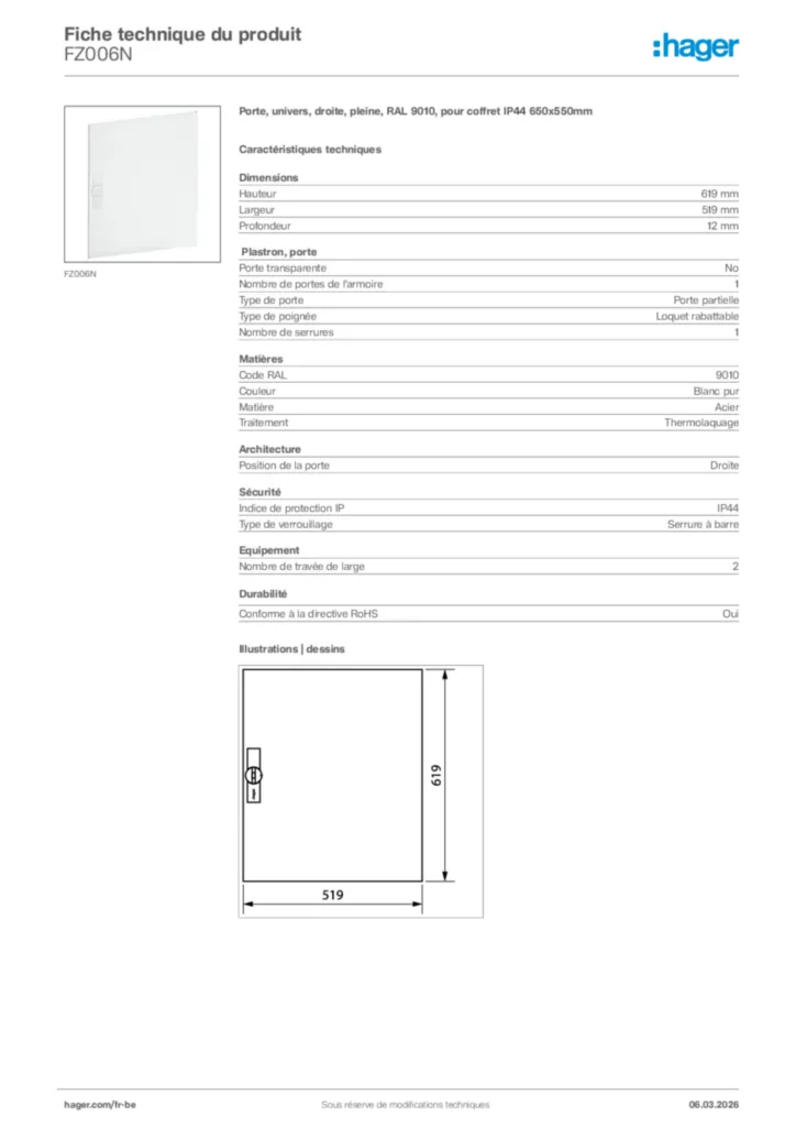 Image Hager Fiche technique du produit FZ006N | Hager Belgique