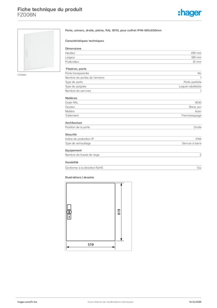 Image Hager Fiche technique du produit FZ006N | Hager Belgique