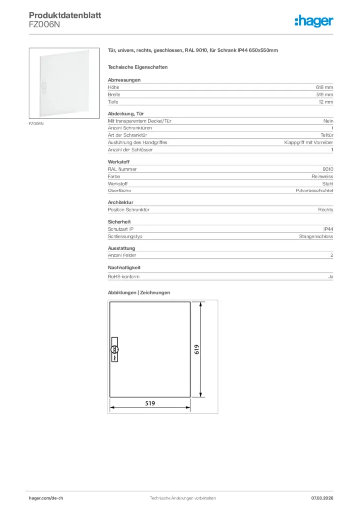 Bild Hager Produktdatenblatt FZ006N | Hager Schweiz