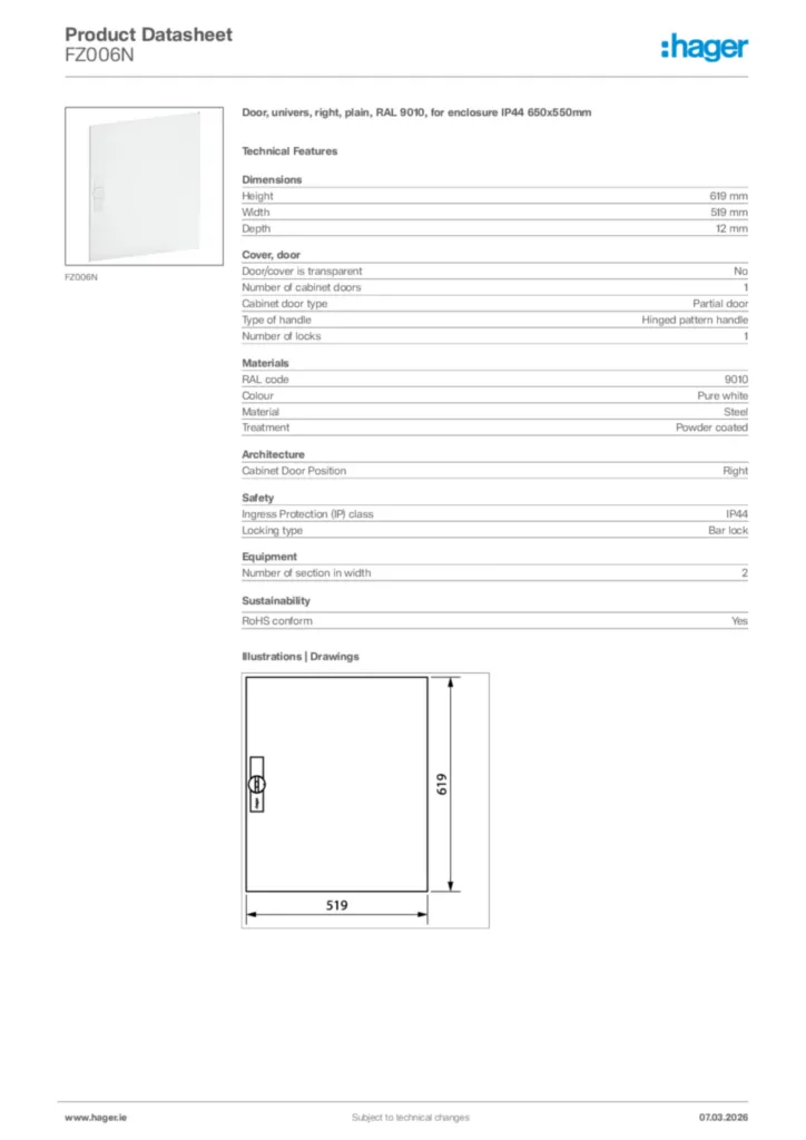 Image Hager Product data sheet FZ006N  | Hager
