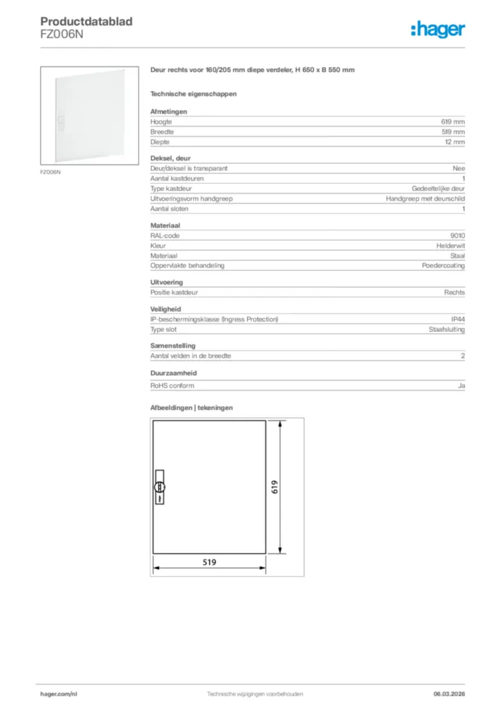 Afbeelding Hager Productdatablad FZ006N | Hager Nederland