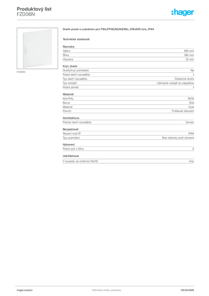 Obrázek Hager Produktový list FZ006N | Hager