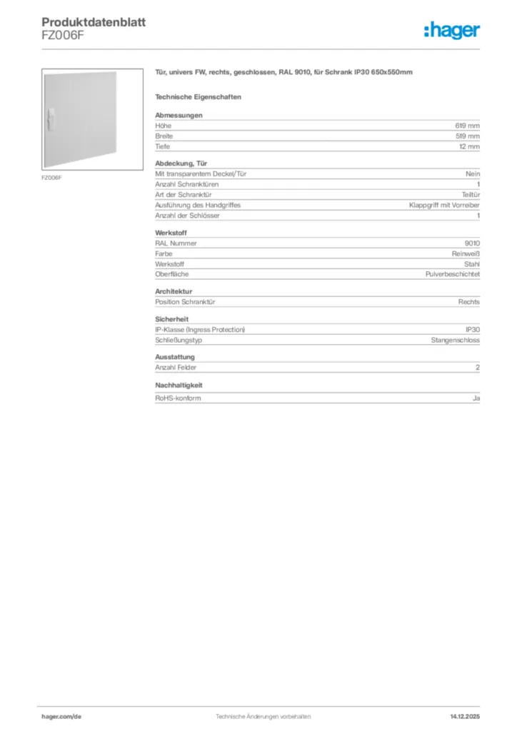 Bild Hager Produktdatenblatt FZ006F | Hager Deutschland