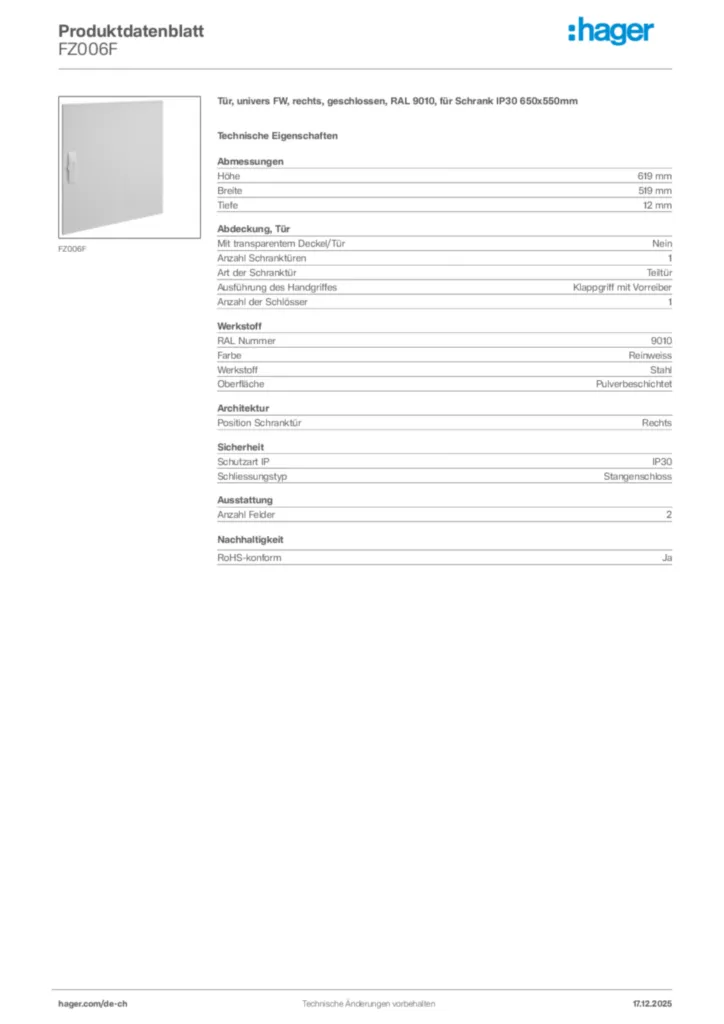 Bild Hager Produktdatenblatt FZ006F | Hager Schweiz