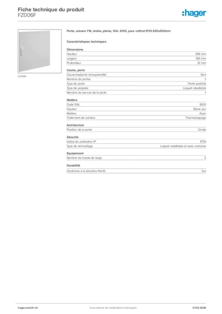 Image Hager Fiche technique du produit FZ006F | Hager Suisse