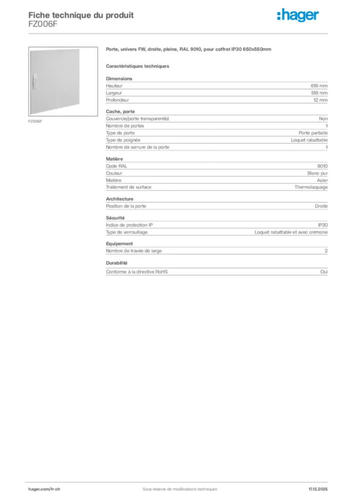 Image Hager Fiche technique du produit FZ006F | Hager Suisse