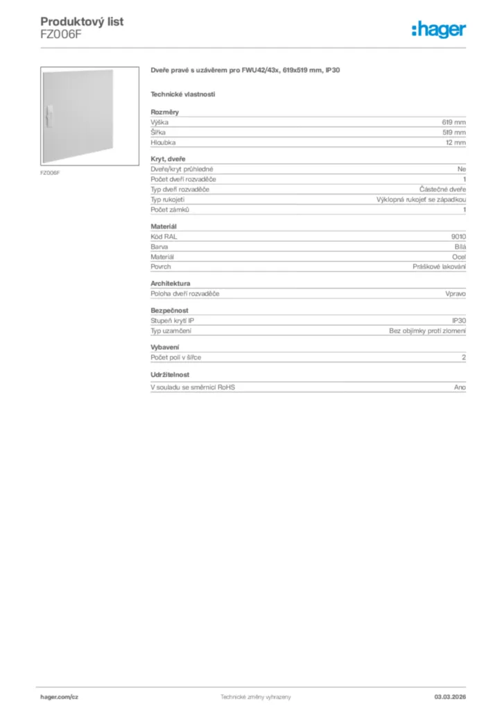 Obrázek Hager Product data sheet FZ006F | Hager