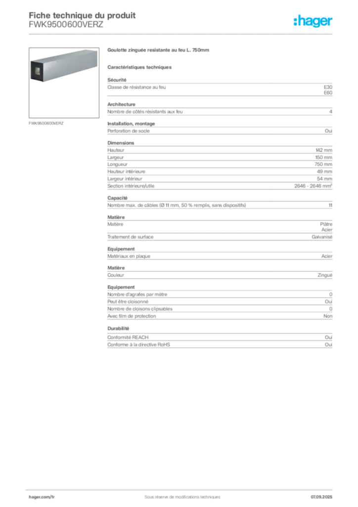 Image Hager Fiche technique du produit FWK9500600VERZ | Hager France