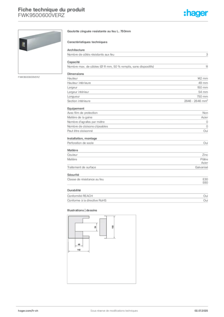 Image Hager Fiche technique du produit FWK9500600VERZ | Hager Suisse