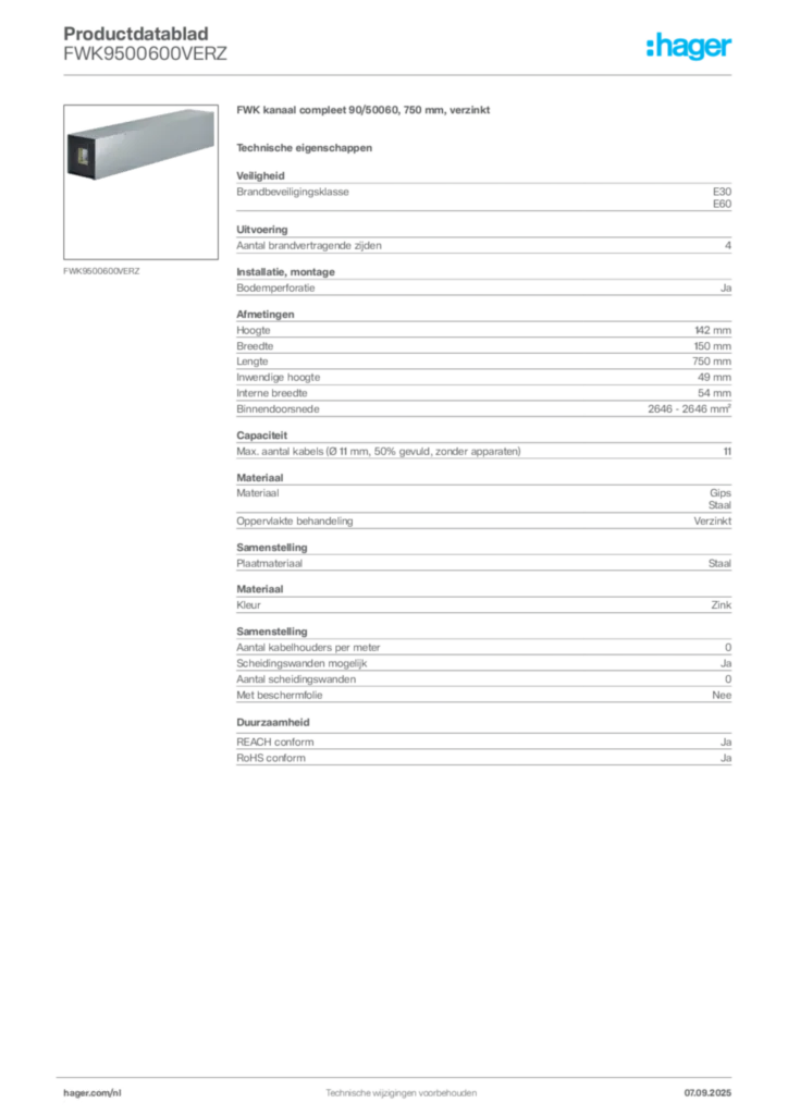 Afbeelding Hager Productdatablad FWK9500600VERZ | Hager Nederland