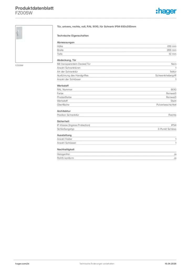 Bild Hager Produktdatenblatt FZ005W | Hager Deutschland