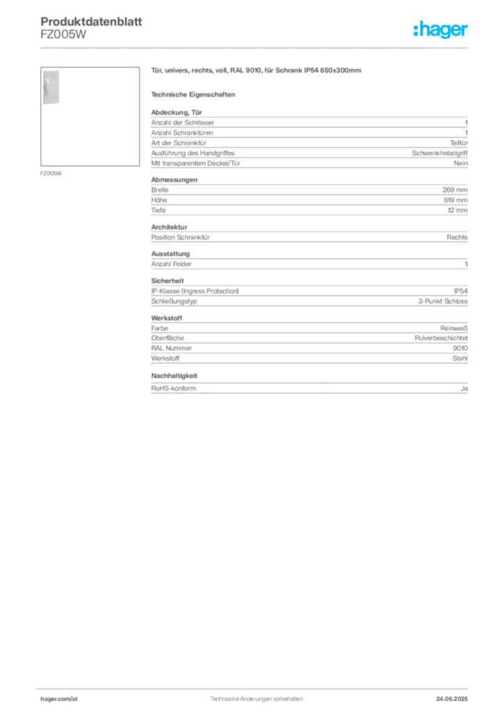Bild Hager Produktdatenblatt FZ005W | Hager Deutschland