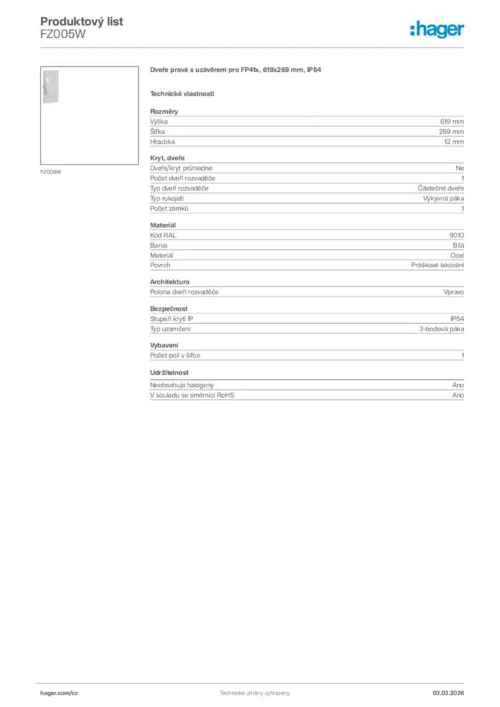 Obrázek Hager Product data sheet FZ005W | Hager