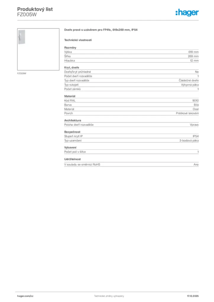Obrázek Hager Produktový list FZ005W | Hager