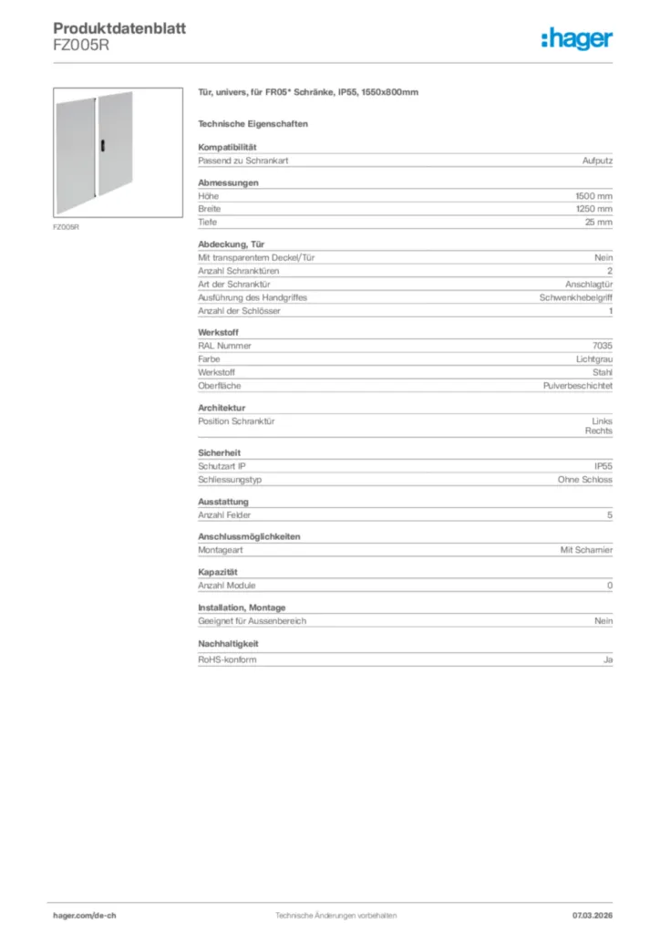 Bild Hager Produktdatenblatt FZ005R | Hager Schweiz