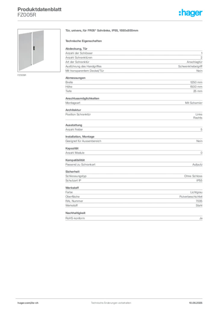 Bild Hager Produktdatenblatt FZ005R | Hager Schweiz