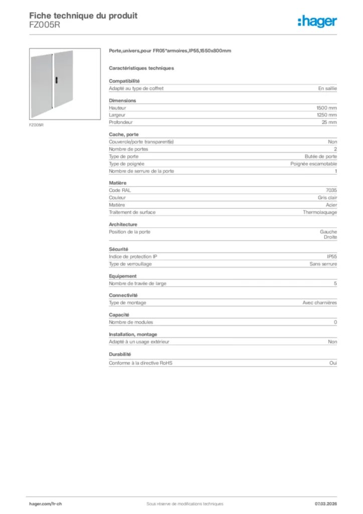 Image Hager Fiche technique du produit FZ005R | Hager Suisse