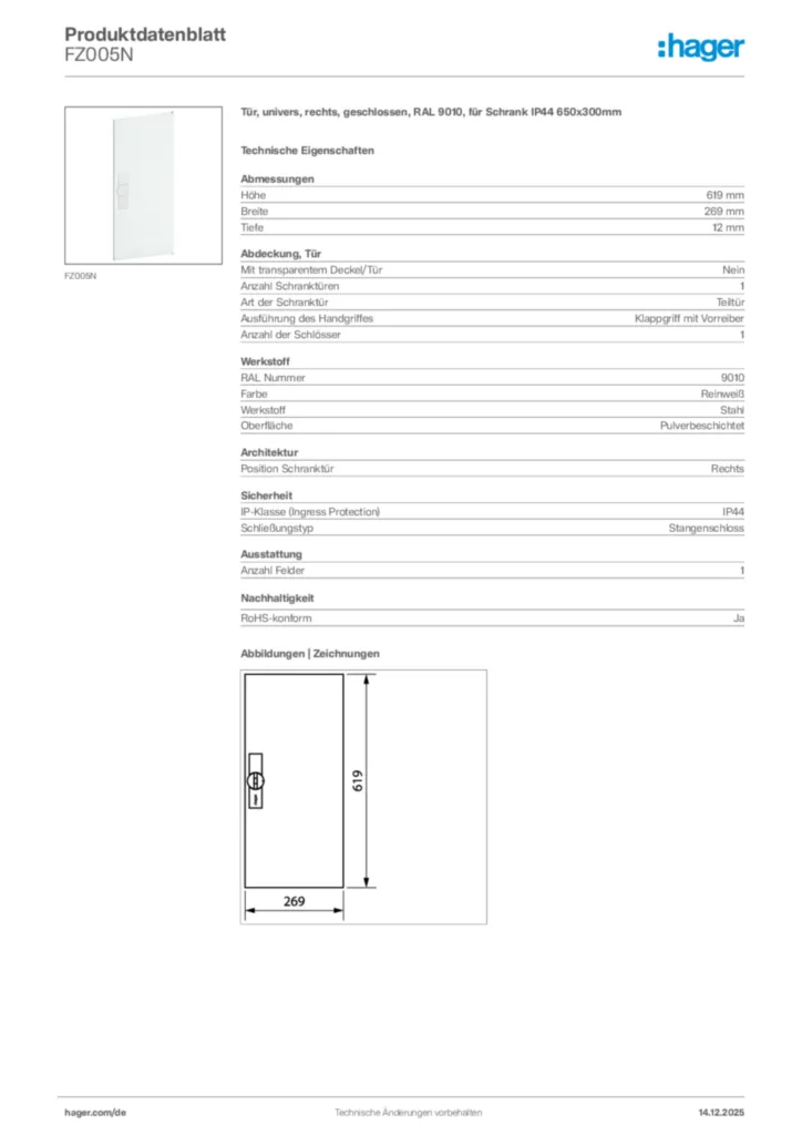 Bild Hager Produktdatenblatt FZ005N | Hager Deutschland