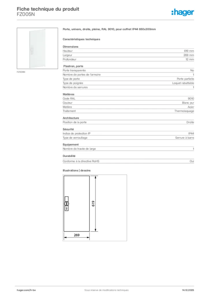 Image Hager Fiche technique du produit FZ005N | Hager Belgique