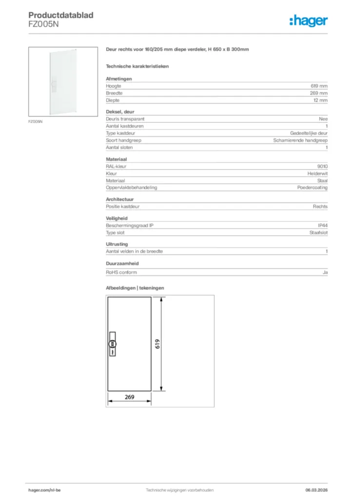 Afbeelding Hager Productdatablad FZ005N | Hager Belgium