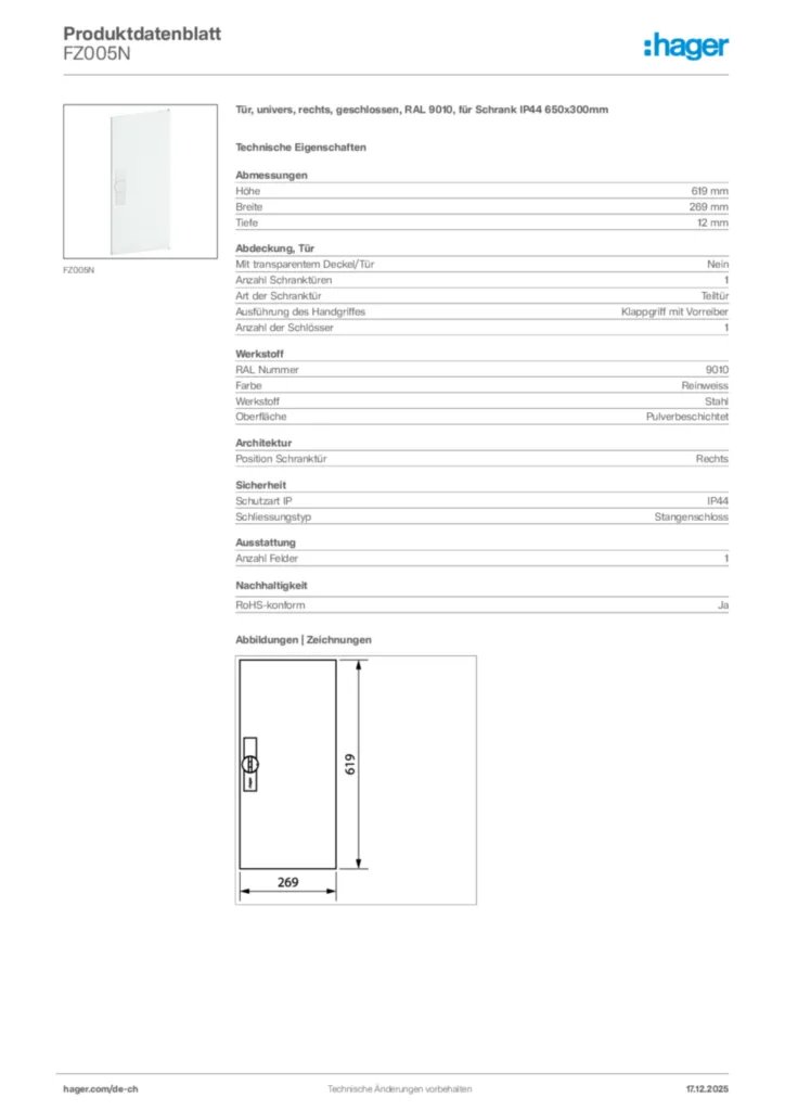 Bild Hager Produktdatenblatt FZ005N | Hager Schweiz