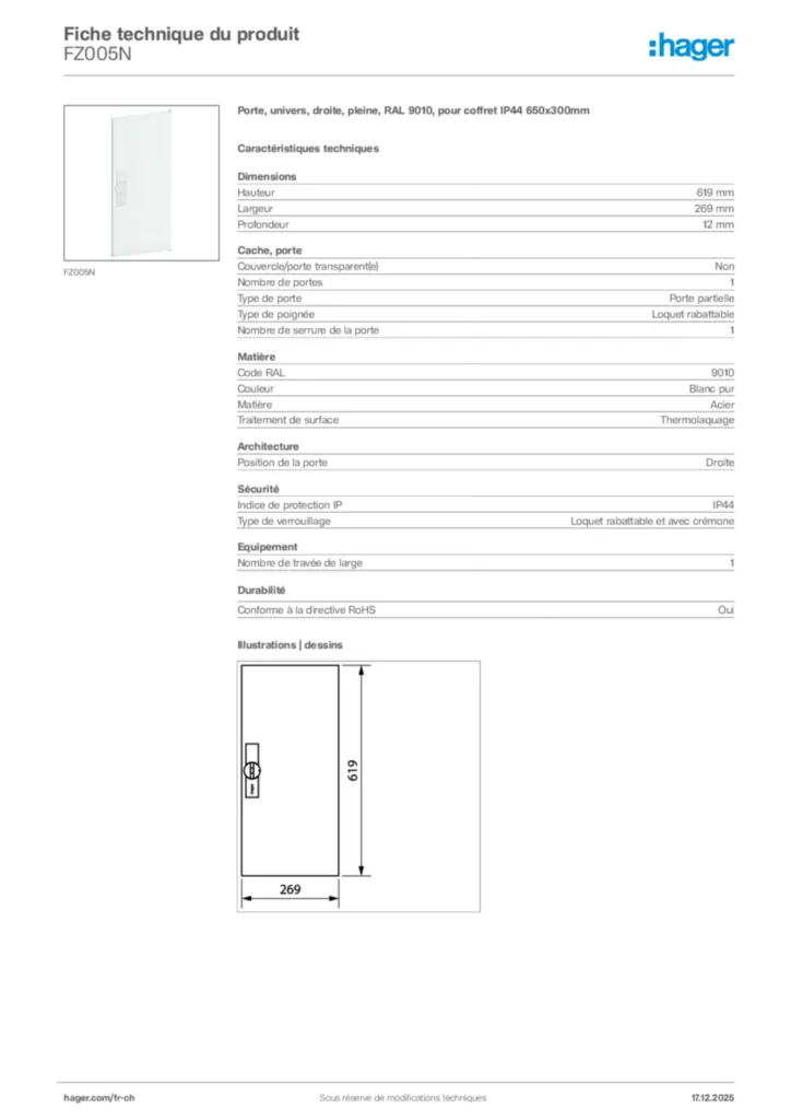 Image Hager Fiche technique du produit FZ005N | Hager Suisse