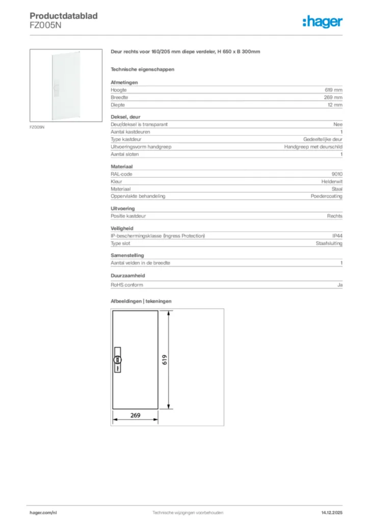 Afbeelding Hager Productdatablad FZ005N | Hager Nederland