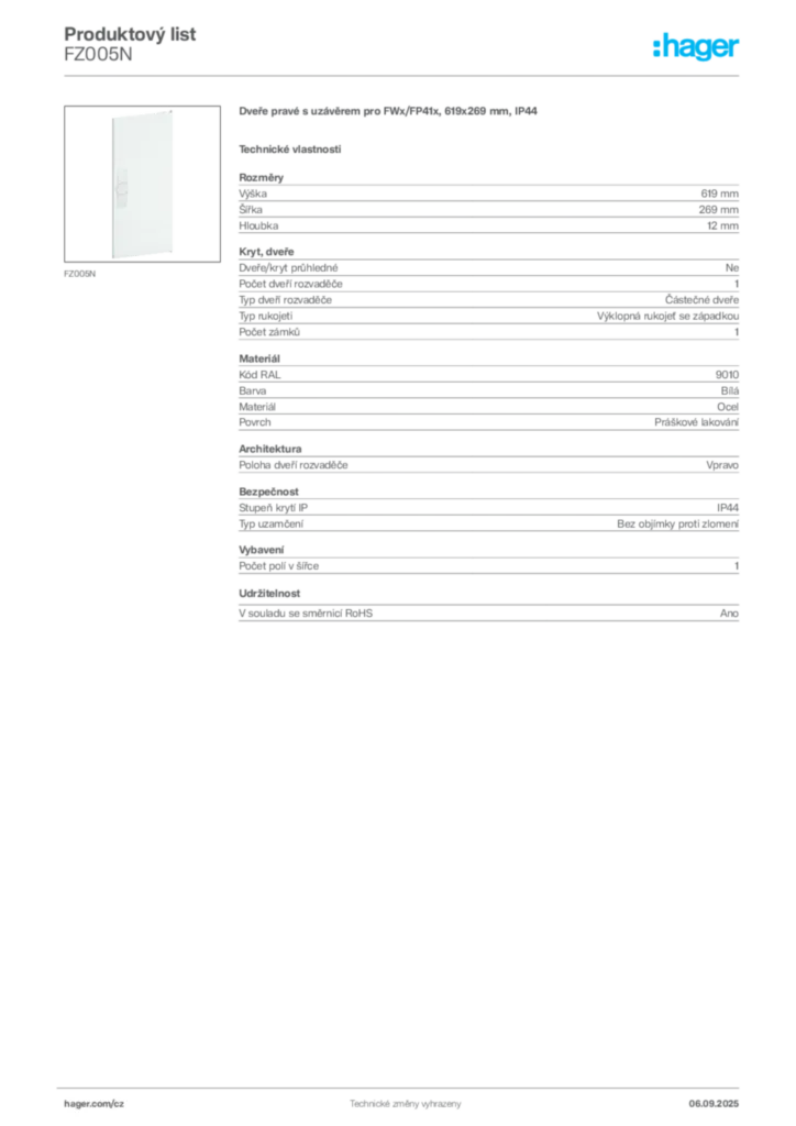 Obrázek Hager Produktový list FZ005N | Hager