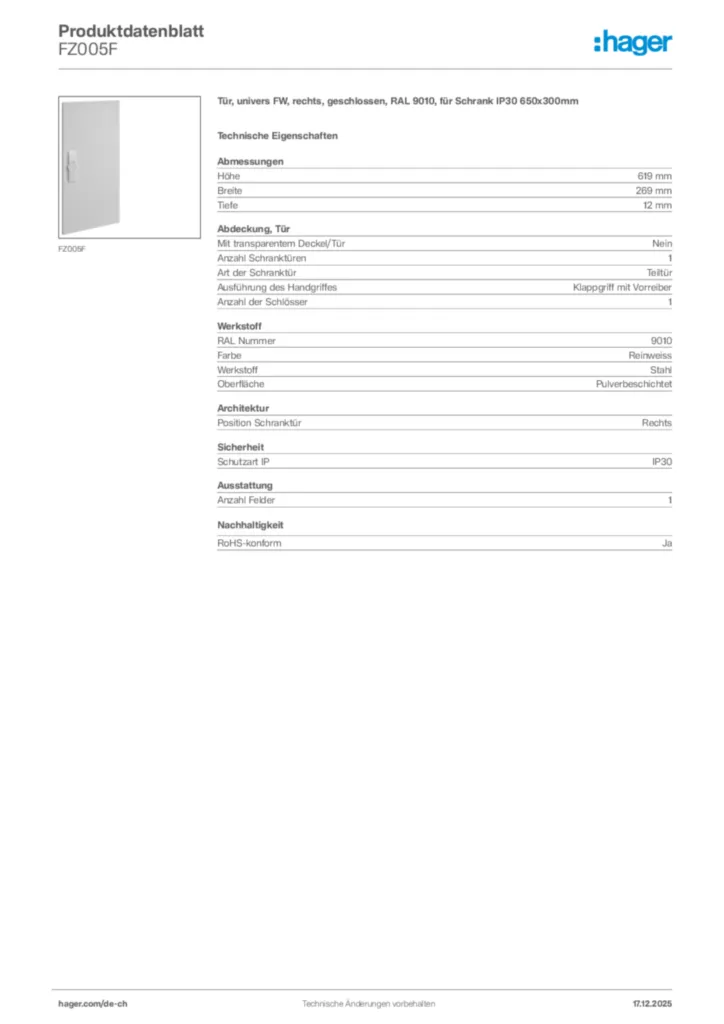 Bild Hager Produktdatenblatt FZ005F | Hager Schweiz