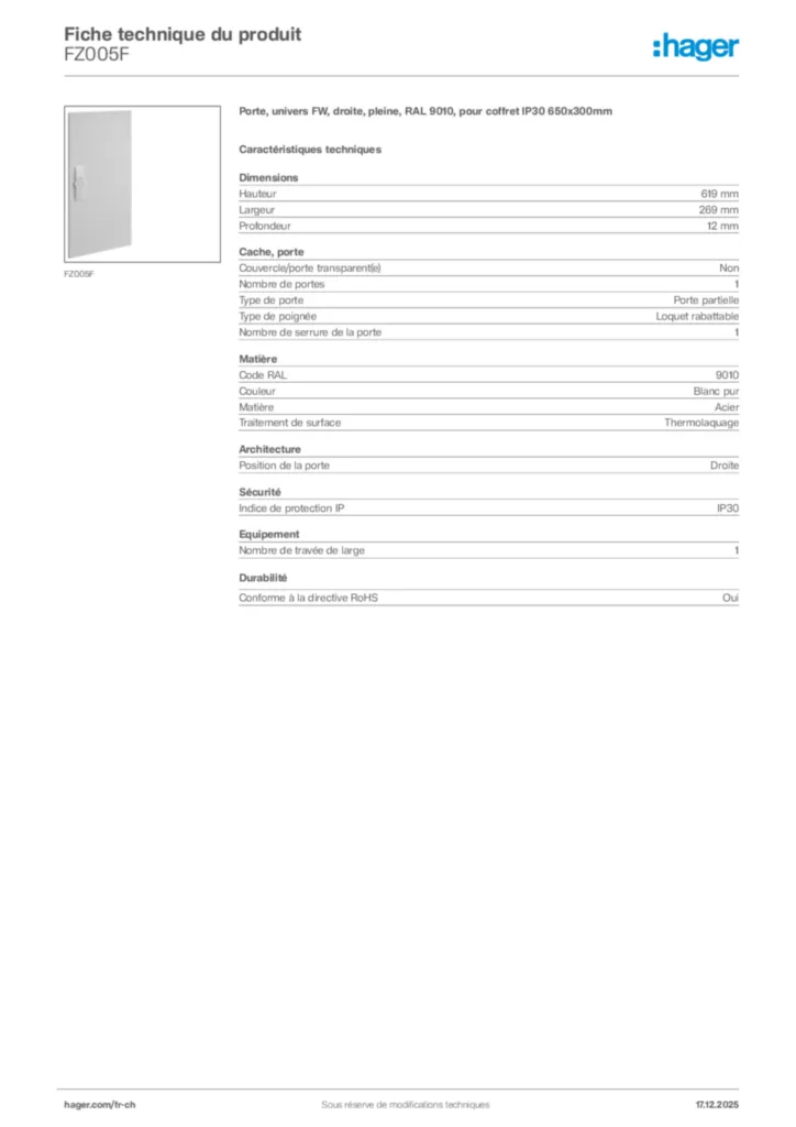 Image Hager Fiche technique du produit FZ005F | Hager Suisse