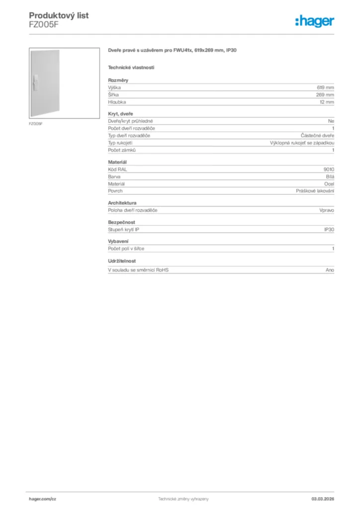 Obrázek Hager Product data sheet FZ005F | Hager
