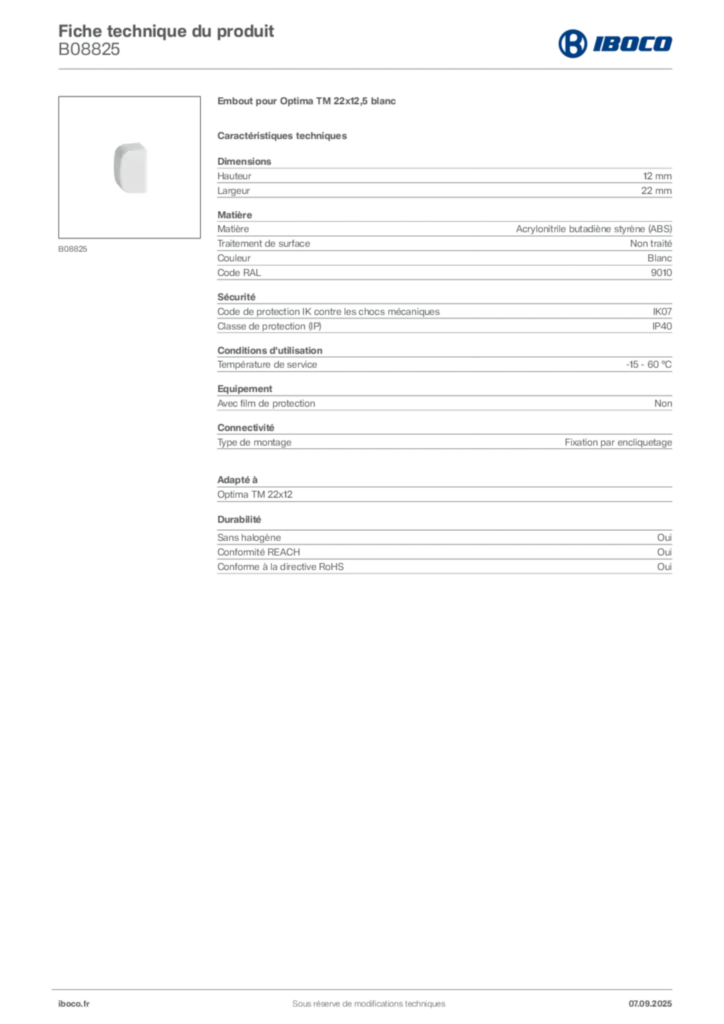 Image Iboco Fiche technique du produit B08825 | Hager France