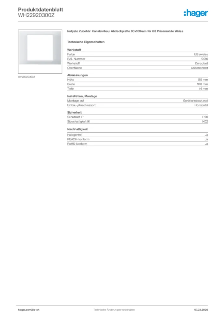Bild Hager Produktdatenblatt WH22920300Z | Hager Schweiz