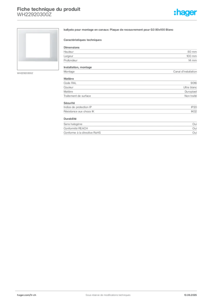 Image Hager Fiche technique du produit WH22920300Z | Hager Suisse