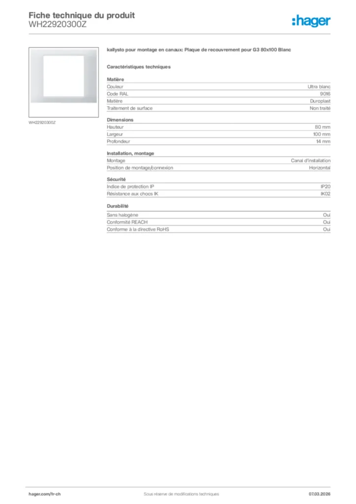 Image Hager Fiche technique du produit WH22920300Z | Hager Suisse