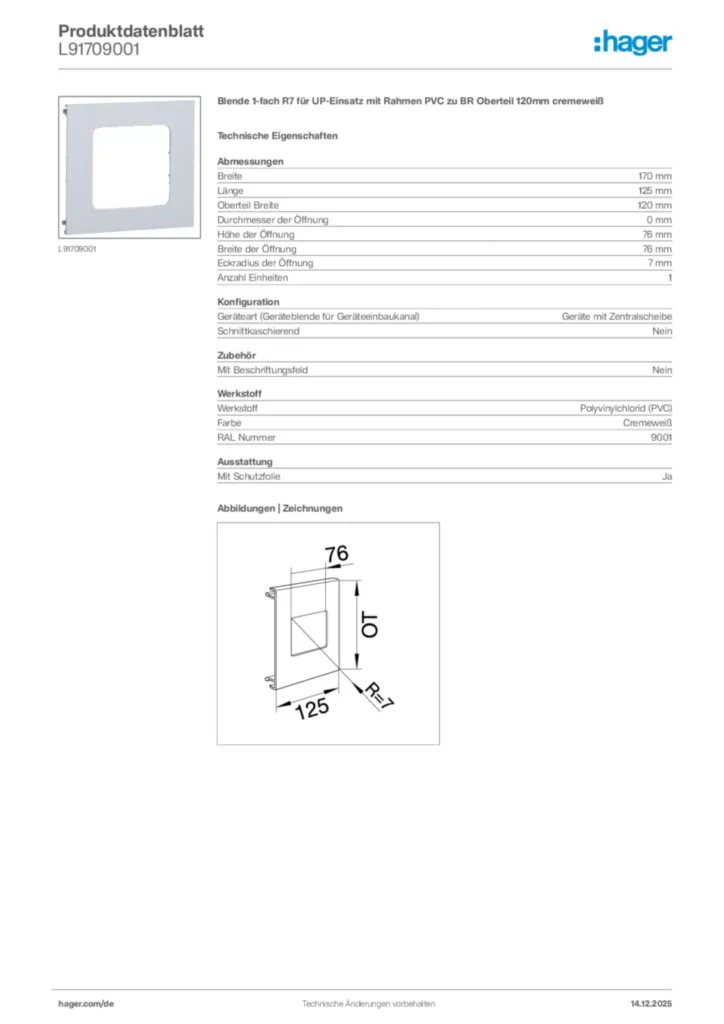 Bild Hager Produktdatenblatt L91709001 | Hager Deutschland